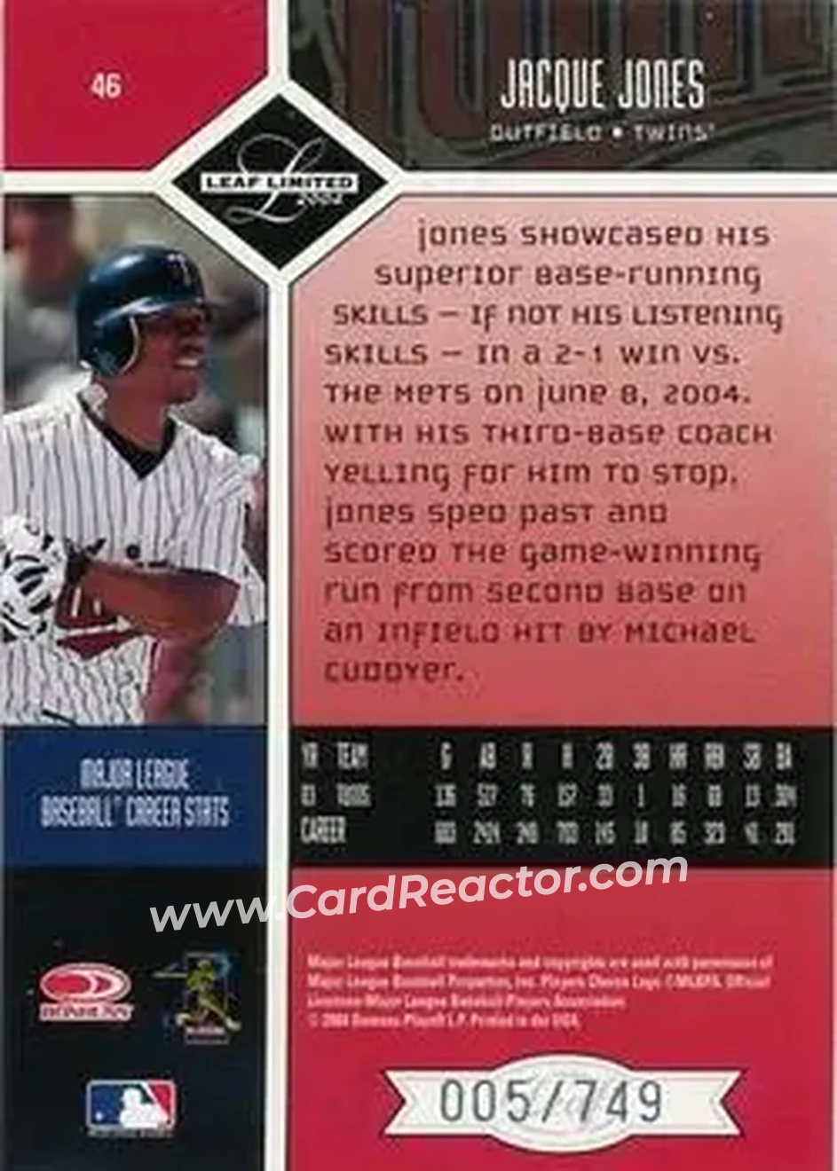 2004 Leaf Limited #46 - Jacque Jones - Minnesota Twins - Back