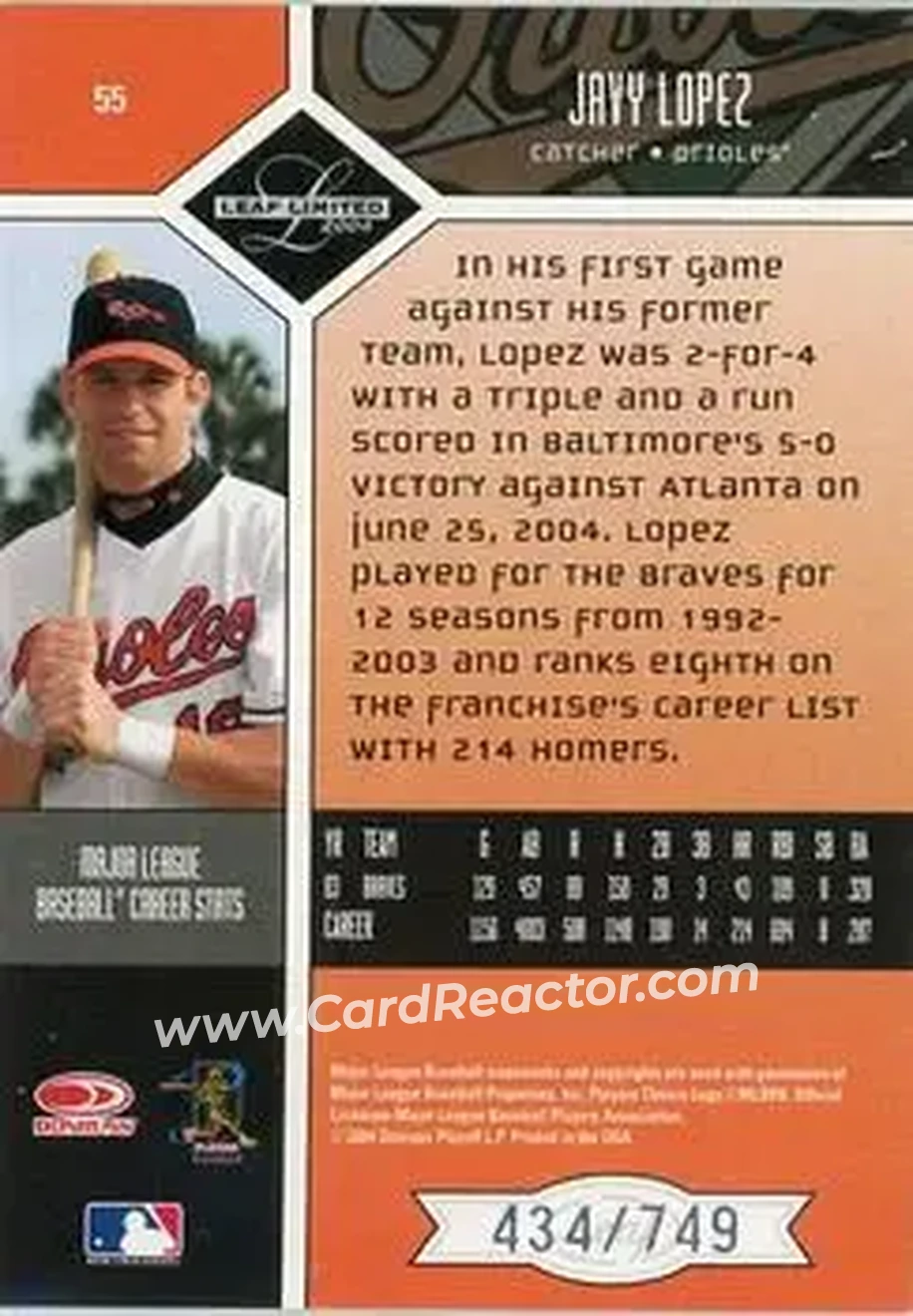 2004 Leaf Limited #55 - Javier Lopez - Baltimore Orioles - Back