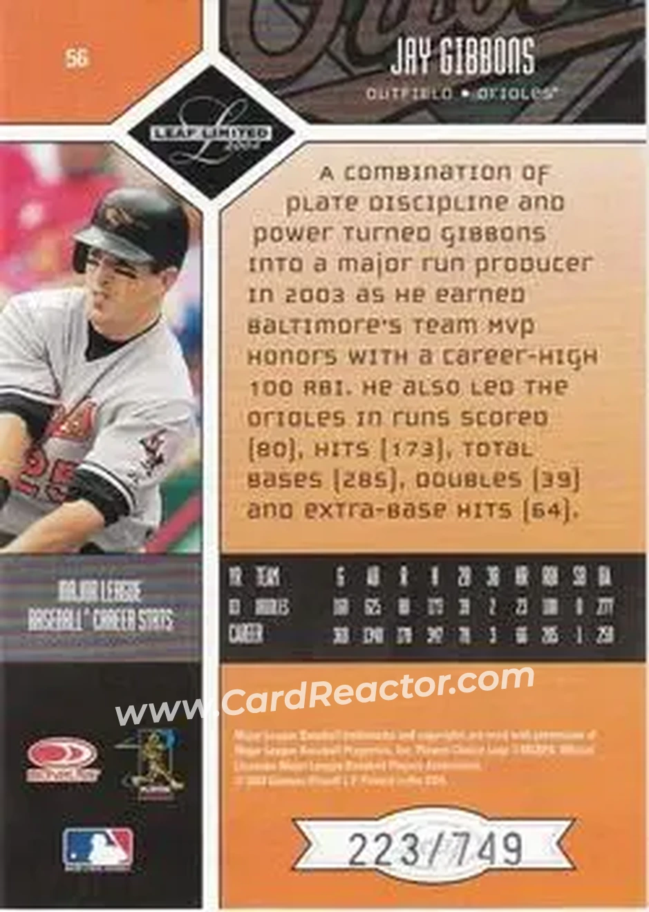 2004 Leaf Limited #56 - Jay Gibbons - Baltimore Orioles - Back