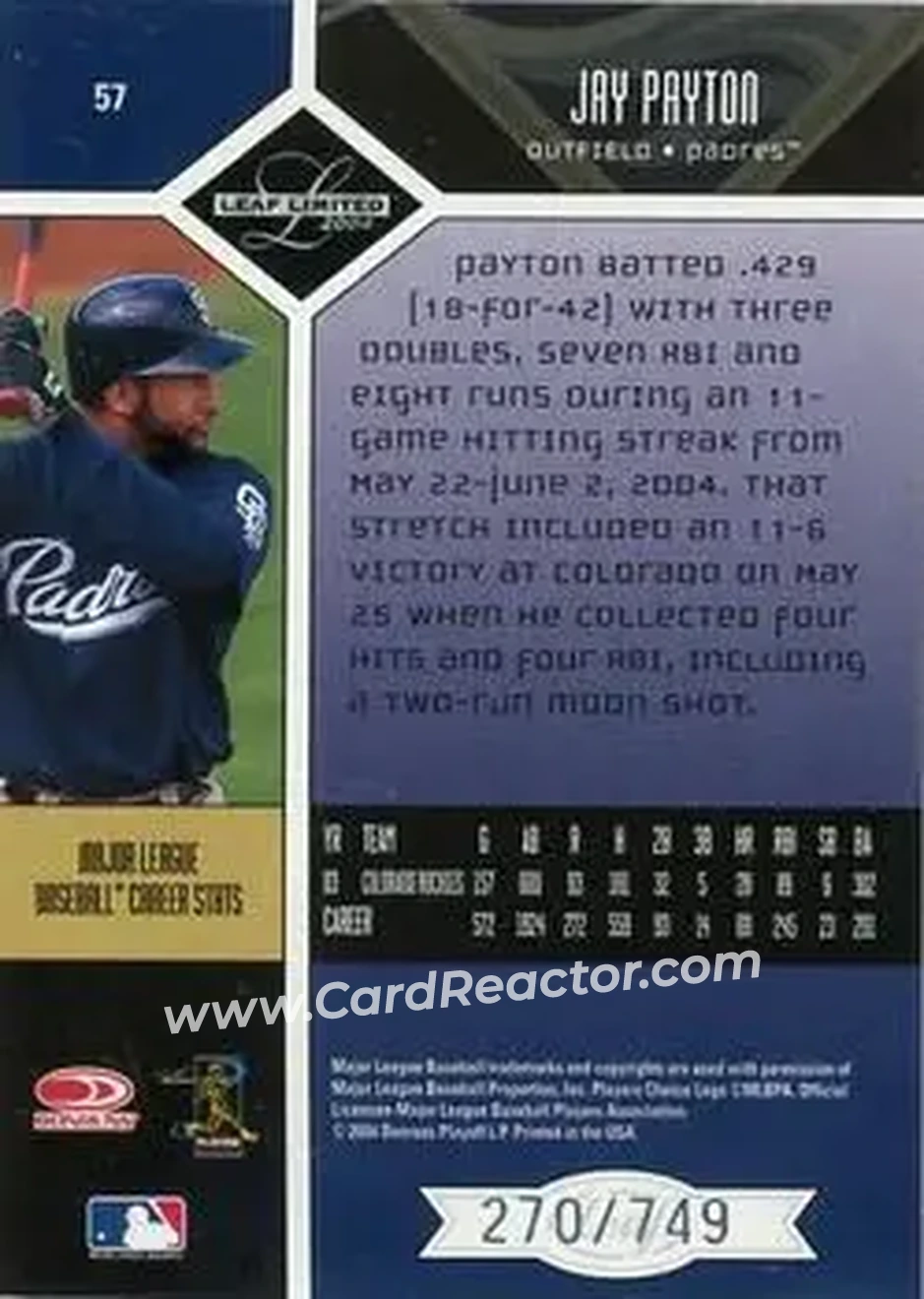 2004 Leaf Limited #57 - Jay Payton - San Diego Padres - Back
