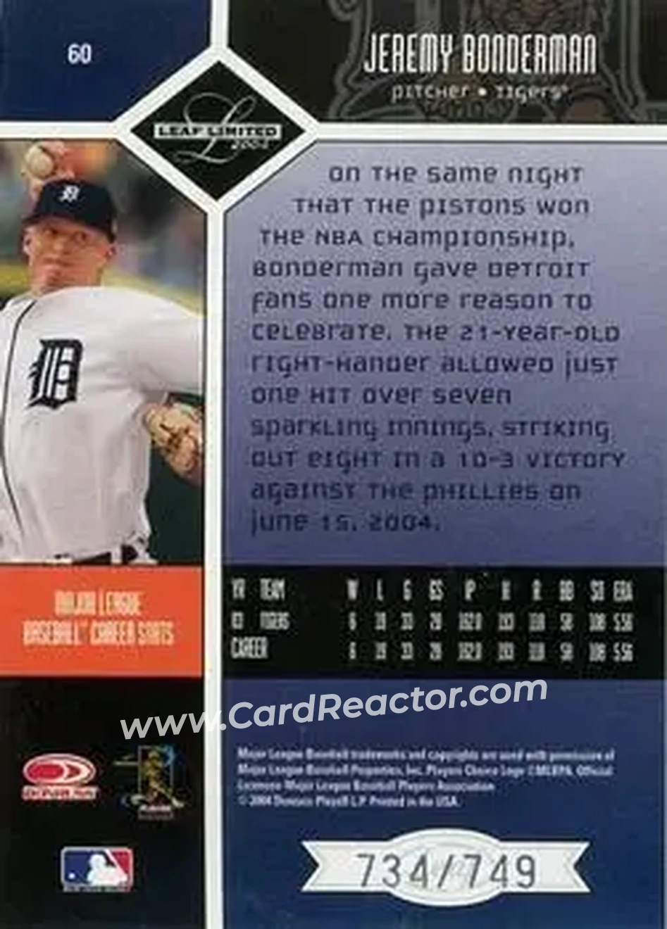 2004 Leaf Limited #60 - Jeremy Bonderman - Detroit Tigers - Back