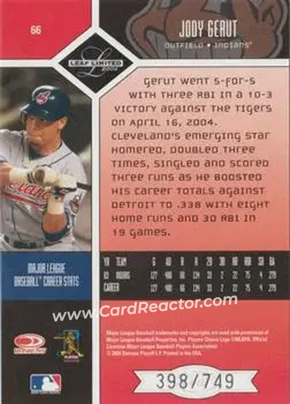 2004 Leaf Limited #66 - Jody Gerut - Cleveland Indians - Back 2004 Leaf Limited #66 - Jody Gerut - Cleveland Indians - Back