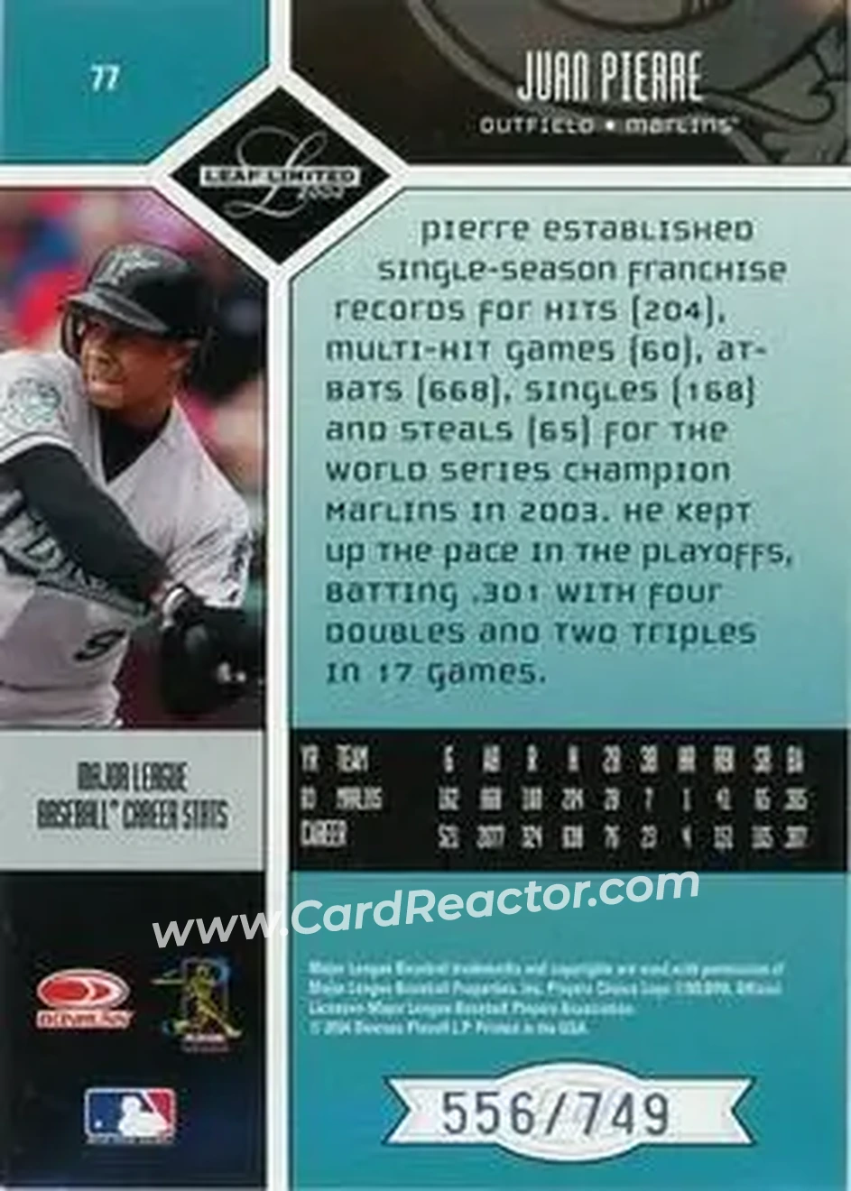2004 Leaf Limited #77 - Juan Pierre - Florida Marlins - Back 2004 Leaf Limited #77 - Juan Pierre - Florida Marlins - Back
