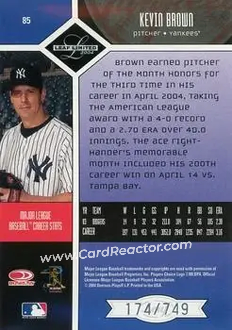 2004 Leaf Limited #85 - Kevin Brown - New York Yankees - Back