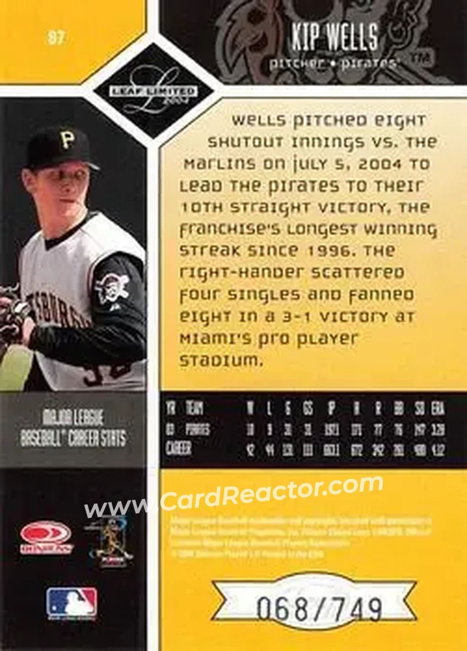 2004 Leaf Limited #87 - Kip Wells - Pittsburgh Pirates - Back 2004 Leaf Limited #87 - Kip Wells - Pittsburgh Pirates - Back