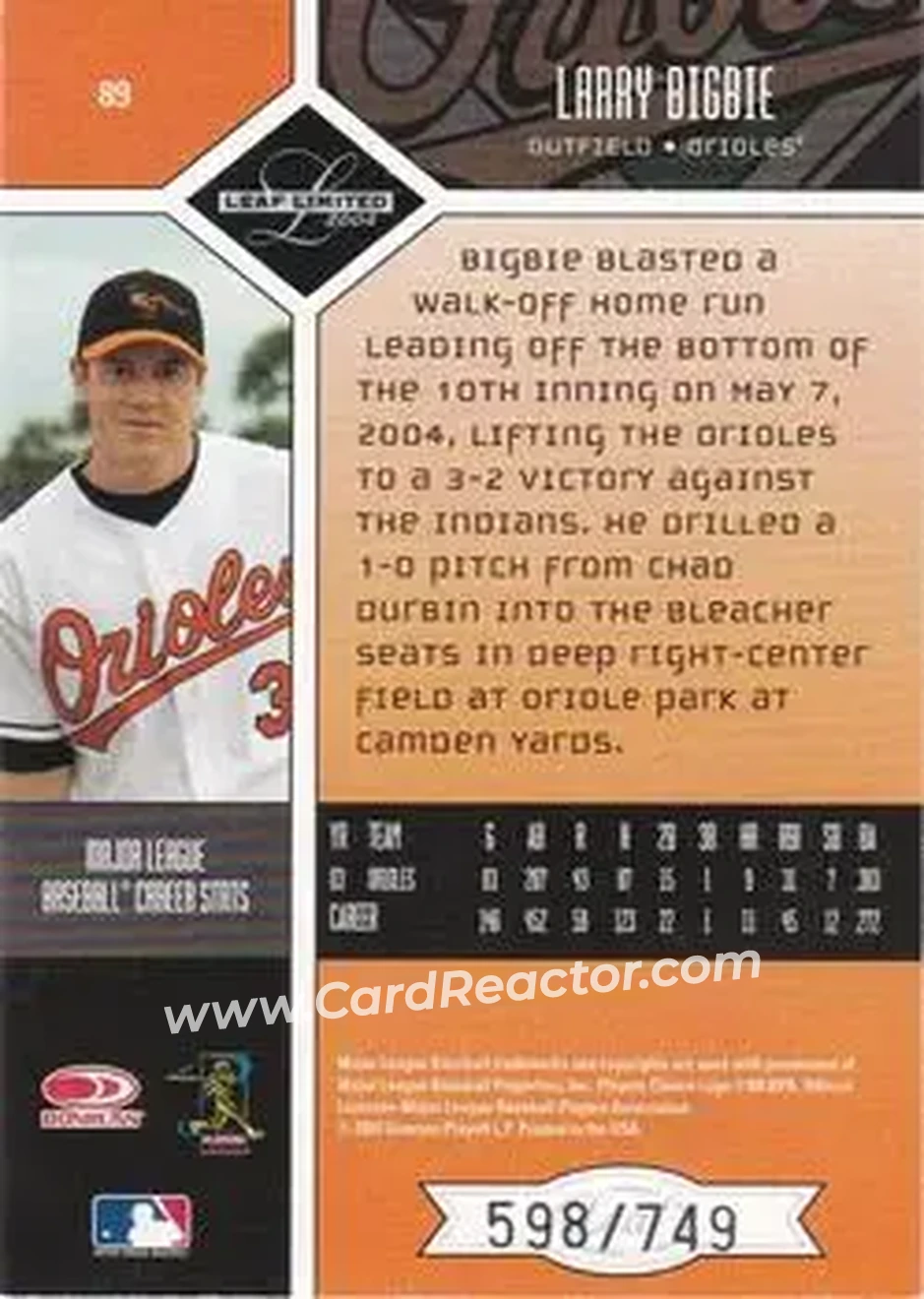 2004 Leaf Limited #89 - Larry Bigbie - Baltimore Orioles - Back