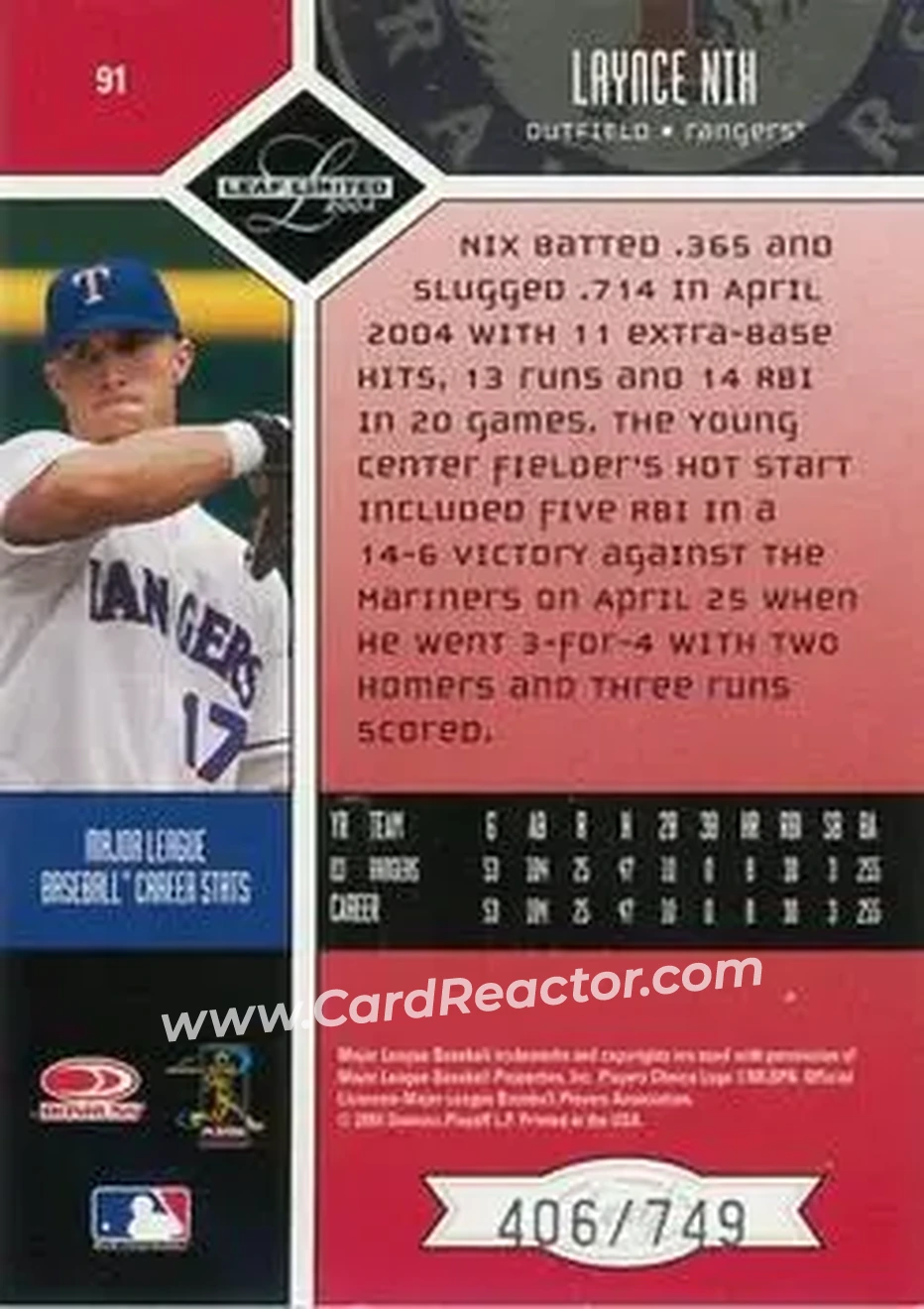 2004 Leaf Limited #91 - Laynce Nix - Texas Rangers - Back