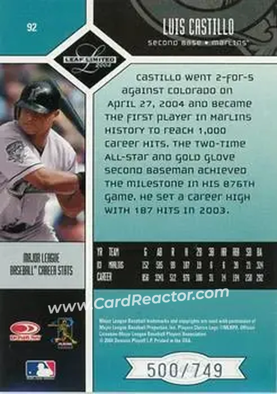 2004 Leaf Limited #92 - Luis Castillo - Florida Marlins - Back