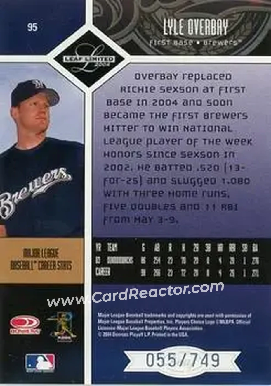 2004 Leaf Limited #95 - Lyle Overbay - Milwaukee Brewers - Back