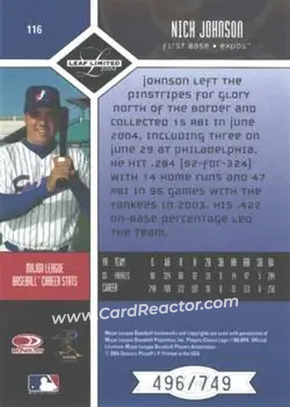 2004 Leaf Limited #116 - Nick Johnson - Montreal Expos - Back