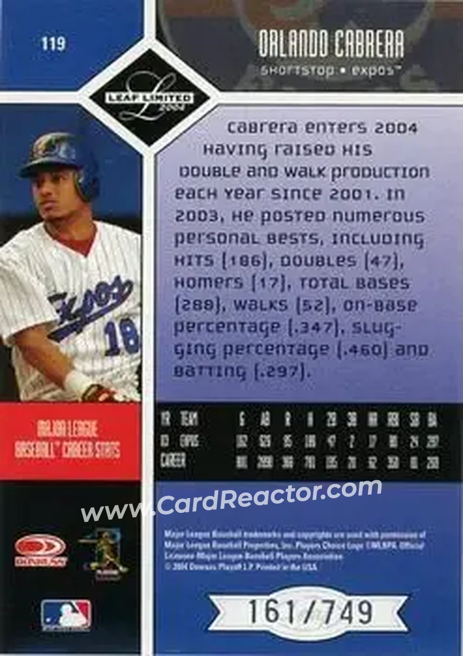 2004 Leaf Limited #119 - Orlando Cabrera - Montreal Expos - Back 2004 Leaf Limited #119 - Orlando Cabrera - Montreal Expos - Back
