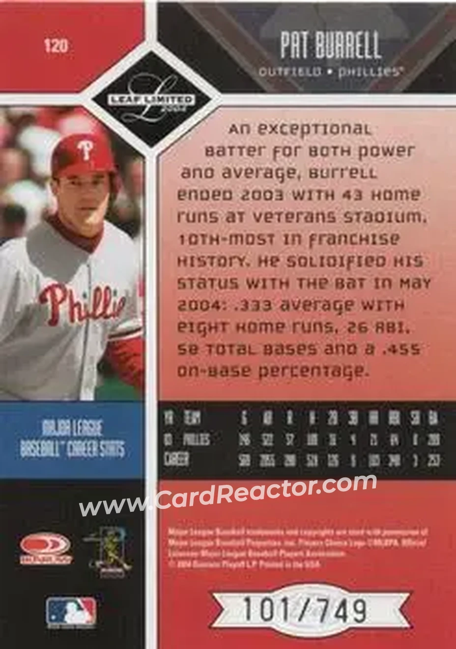 2004 Leaf Limited #120 - Pat Burrell - Philadelphia Phillies - Back 2004 Leaf Limited #120 - Pat Burrell - Philadelphia Phillies - Back
