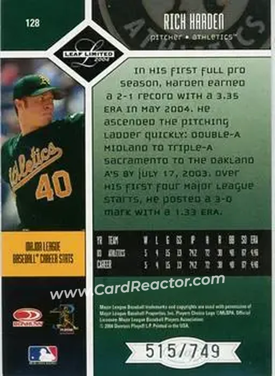 2004 Leaf Limited #128 - Rich Harden - Oakland Athletics - Back 2004 Leaf Limited #128 - Rich Harden - Oakland Athletics - Back