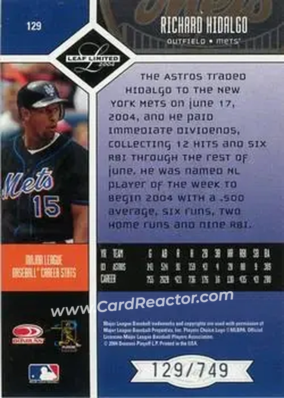 2004 Leaf Limited #129 - Richard Hidalgo - New York Mets - Back