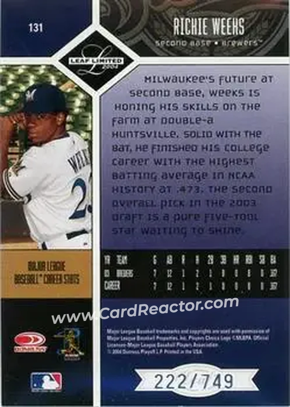 2004 Leaf Limited #131 - Rickie Weeks - Milwaukee Brewers - Back