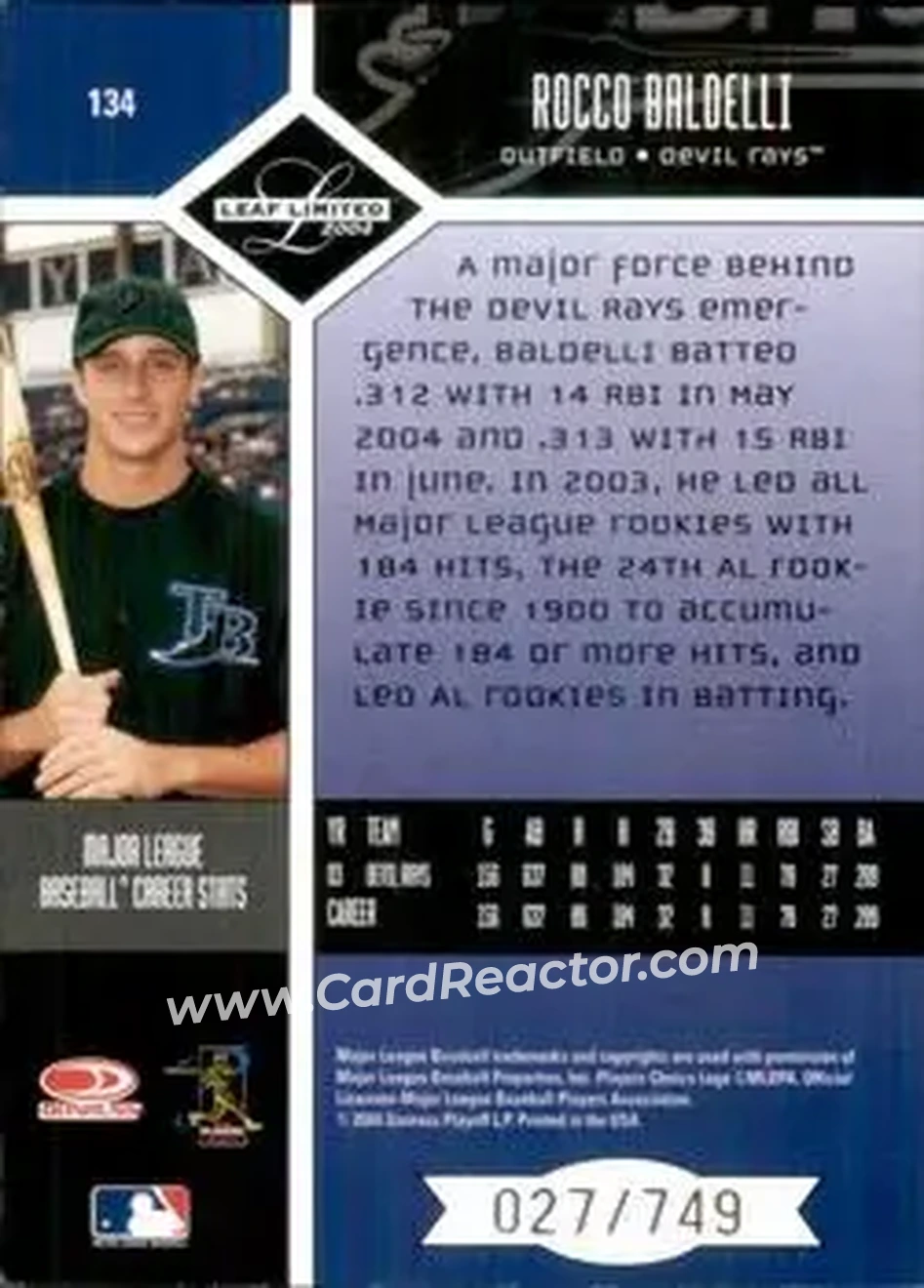 2004 Leaf Limited #134 - Rocco Baldelli - Tampa Bay Devil Rays - Back