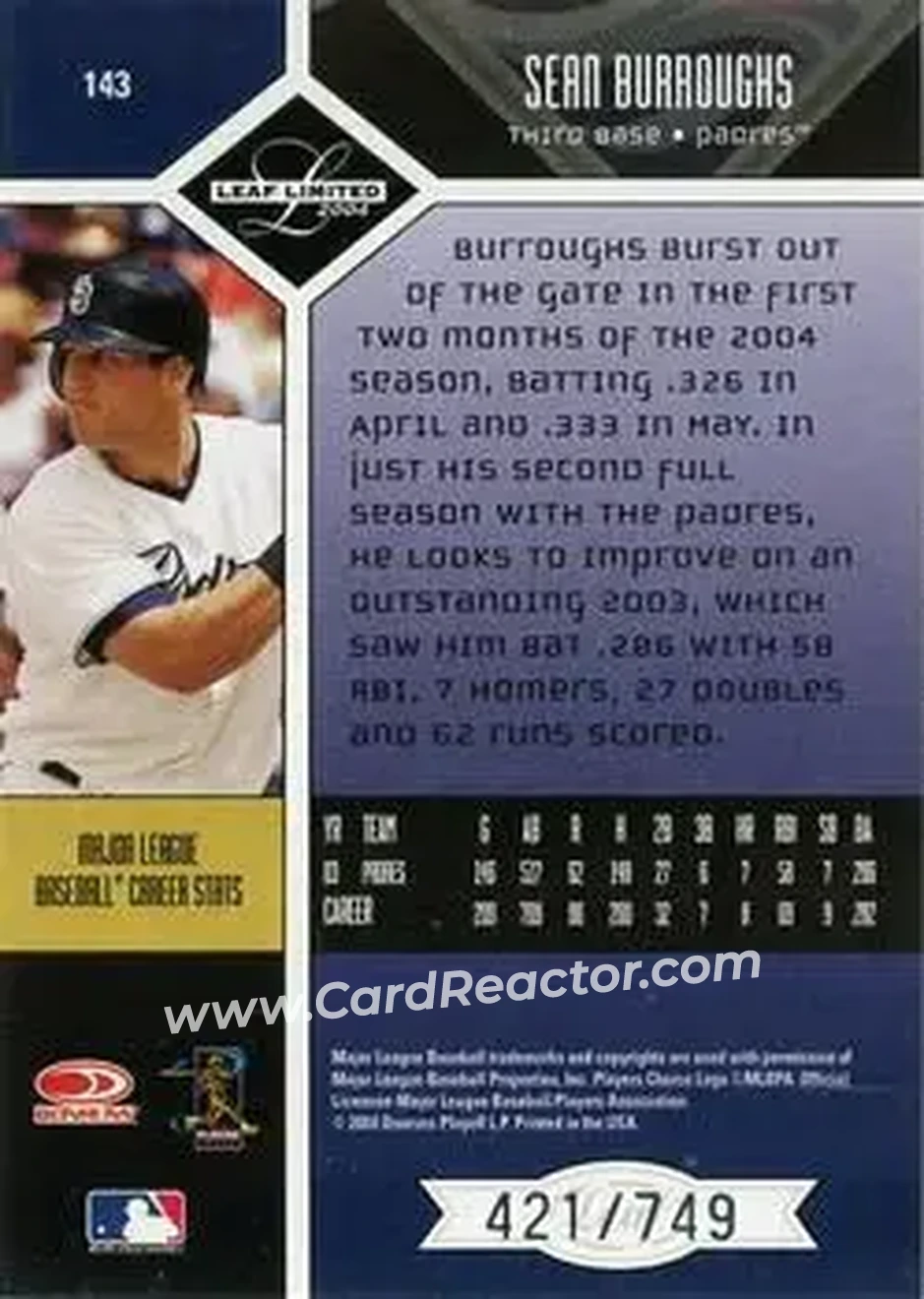 2004 Leaf Limited #143 - Sean Burroughs - San Diego Padres - Back