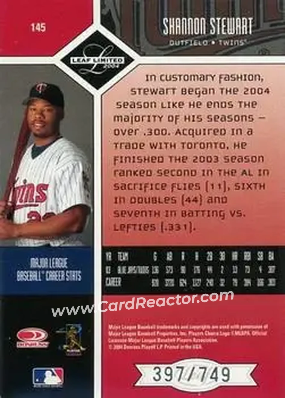 2004 Leaf Limited #145 - Shannon Stewart - Minnesota Twins - Back