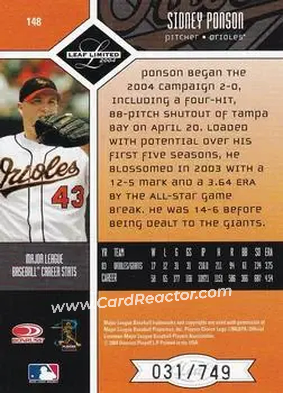 2004 Leaf Limited #148 - Sidney Ponson - Baltimore Orioles - Back 2004 Leaf Limited #148 - Sidney Ponson - Baltimore Orioles - Back