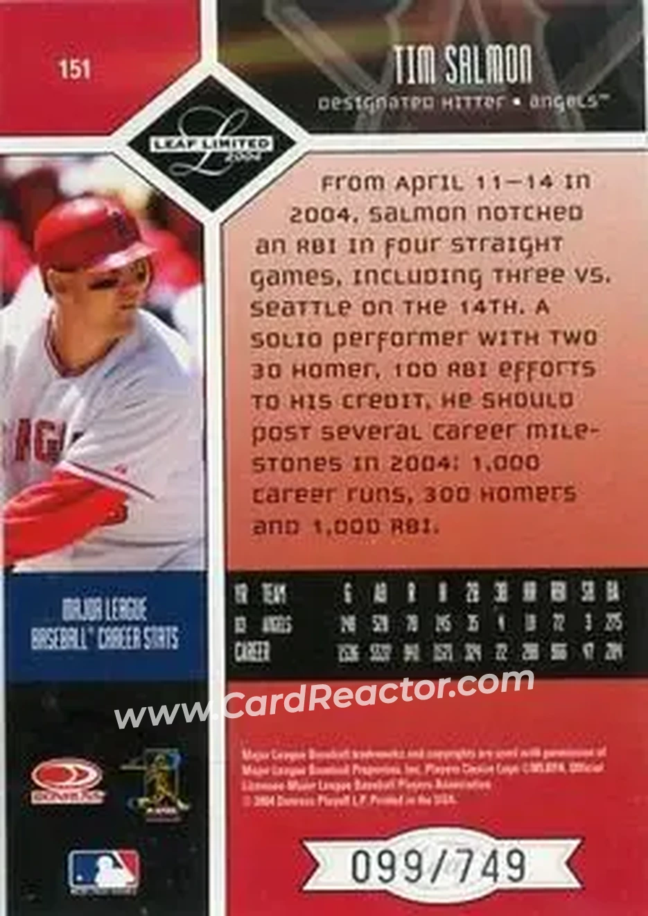2004 Leaf Limited #151 - Tim Salmon - Anaheim Angels - Back 2004 Leaf Limited #151 - Tim Salmon - Anaheim Angels - Back