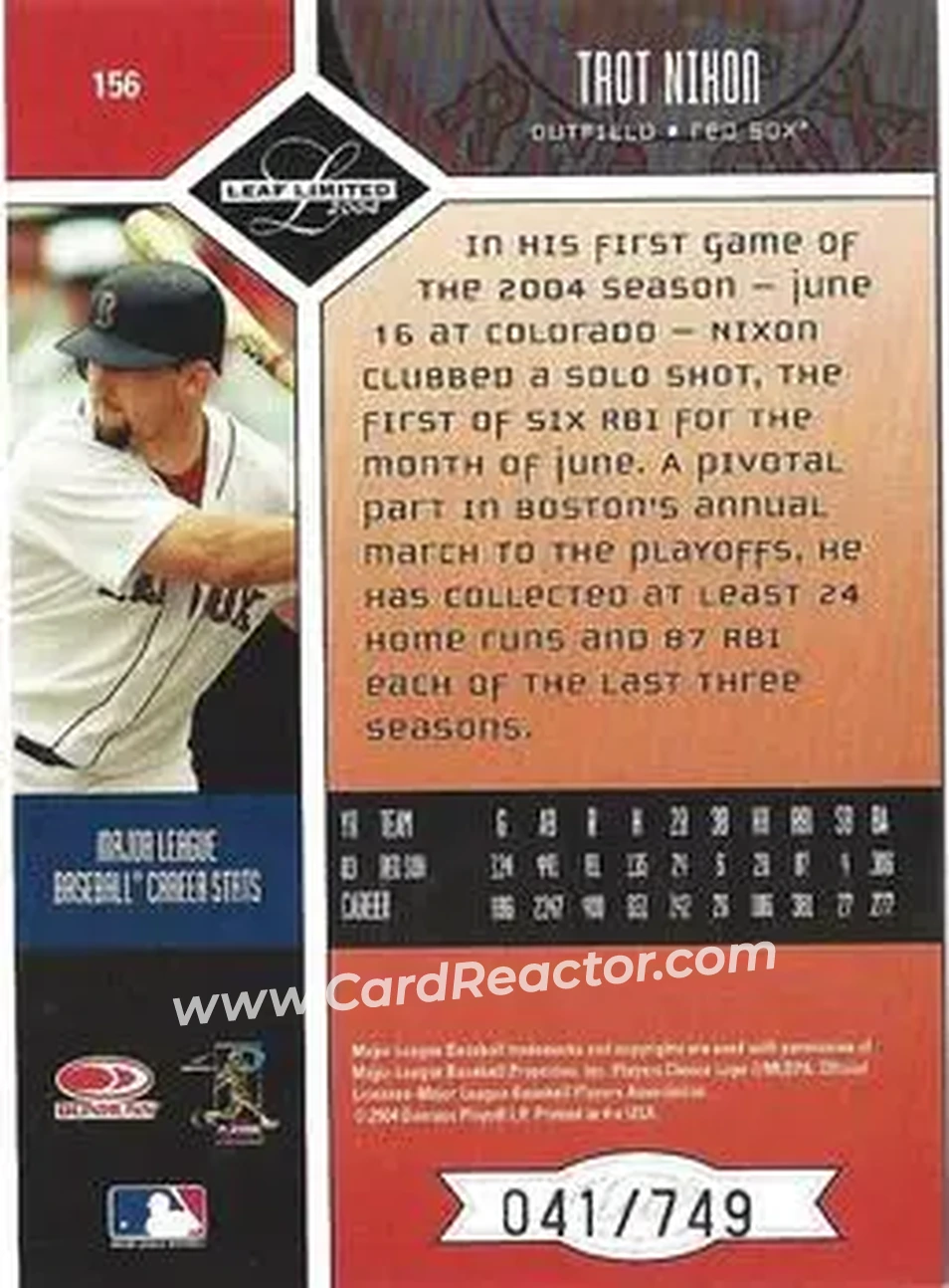 2004 Leaf Limited #156 - Trot Nixon - Boston Red Sox - Back