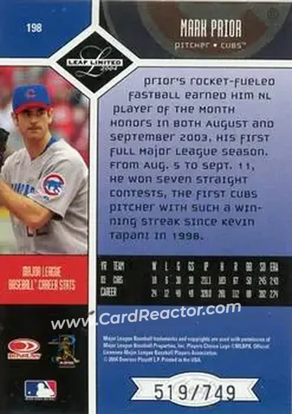 2004 Leaf Limited #198 - Mark Prior - Chicago Cubs - Back