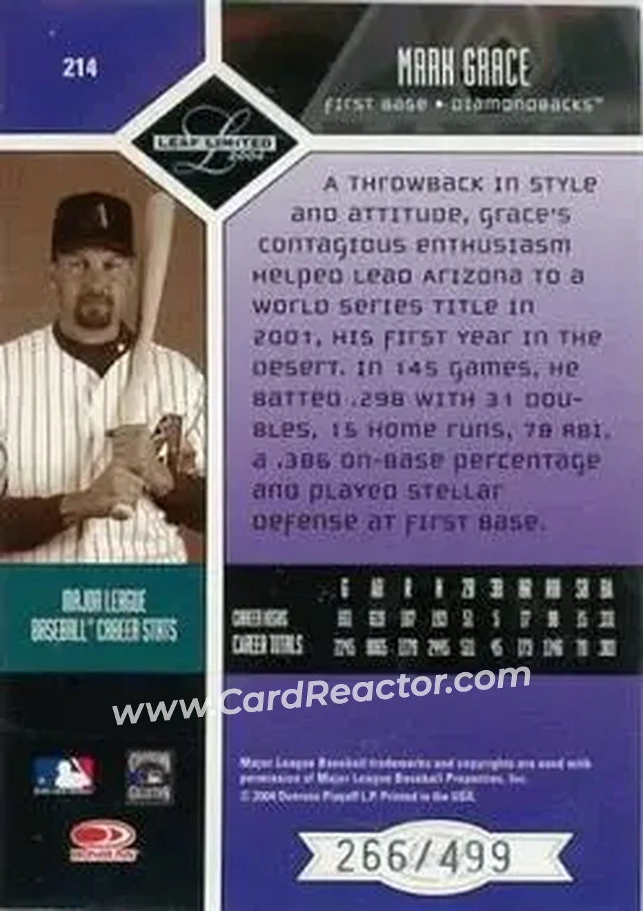 2004 Leaf Limited #214 - Mark Grace - Arizona Diamondbacks - Back 2004 Leaf Limited #214 - Mark Grace - Arizona Diamondbacks - Back