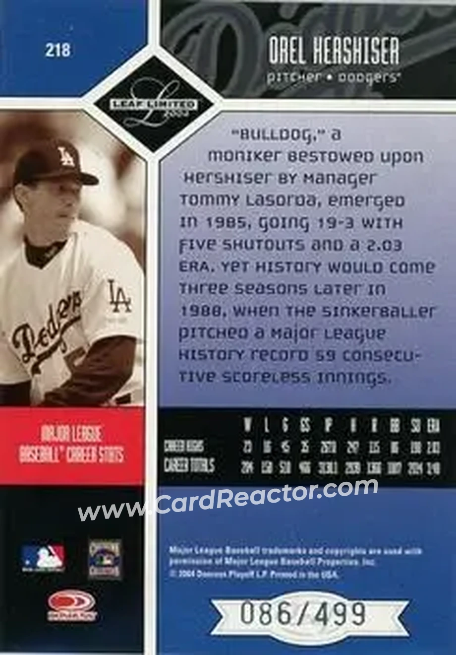 2004 Leaf Limited #218 - Orel Hershiser - Los Angeles Dodgers - Back 2004 Leaf Limited #218 - Orel Hershiser - Los Angeles Dodgers - Back