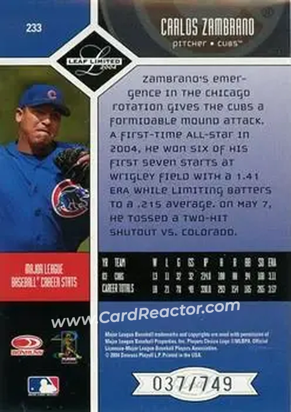 2004 Leaf Limited #233 - Carlos Zambrano - Chicago Cubs - Back