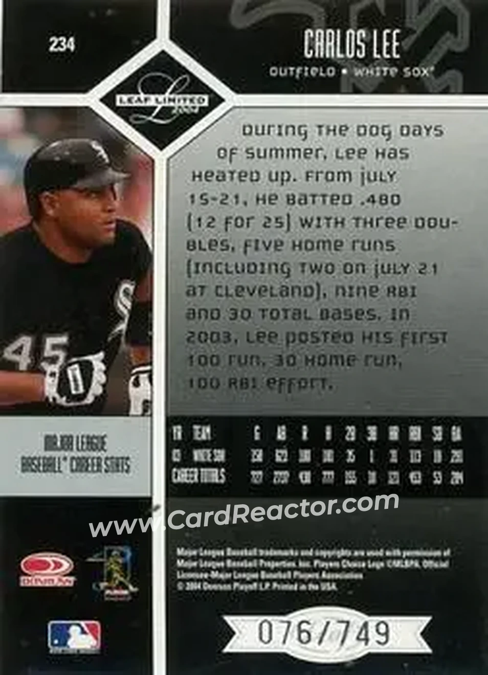 2004 Leaf Limited #234 - Carlos Lee - Chicago White Sox - Back 2004 Leaf Limited #234 - Carlos Lee - Chicago White Sox - Back