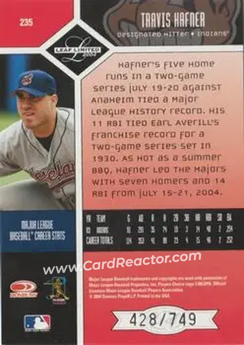 2004 Leaf Limited #235 - Travis Hafner - Cleveland Indians - Back