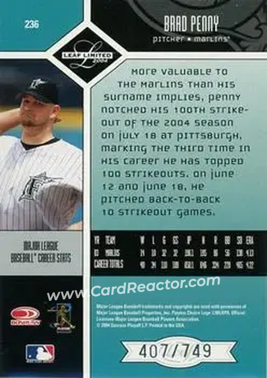 2004 Leaf Limited #236 - Brad Penny - Florida Marlins - Back