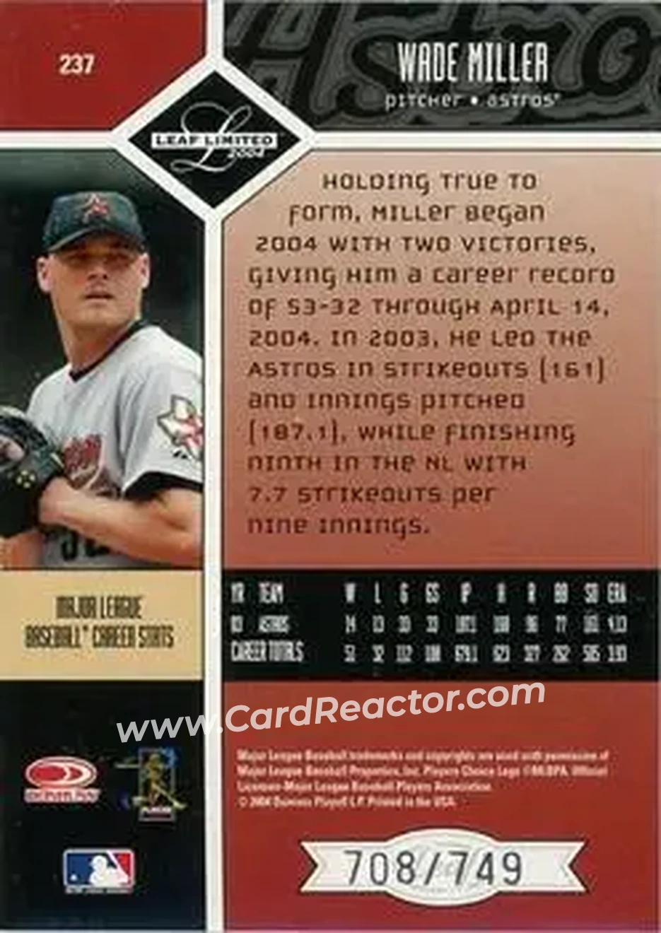 2004 Leaf Limited #237 - Wade Miller - Houston Astros - Back