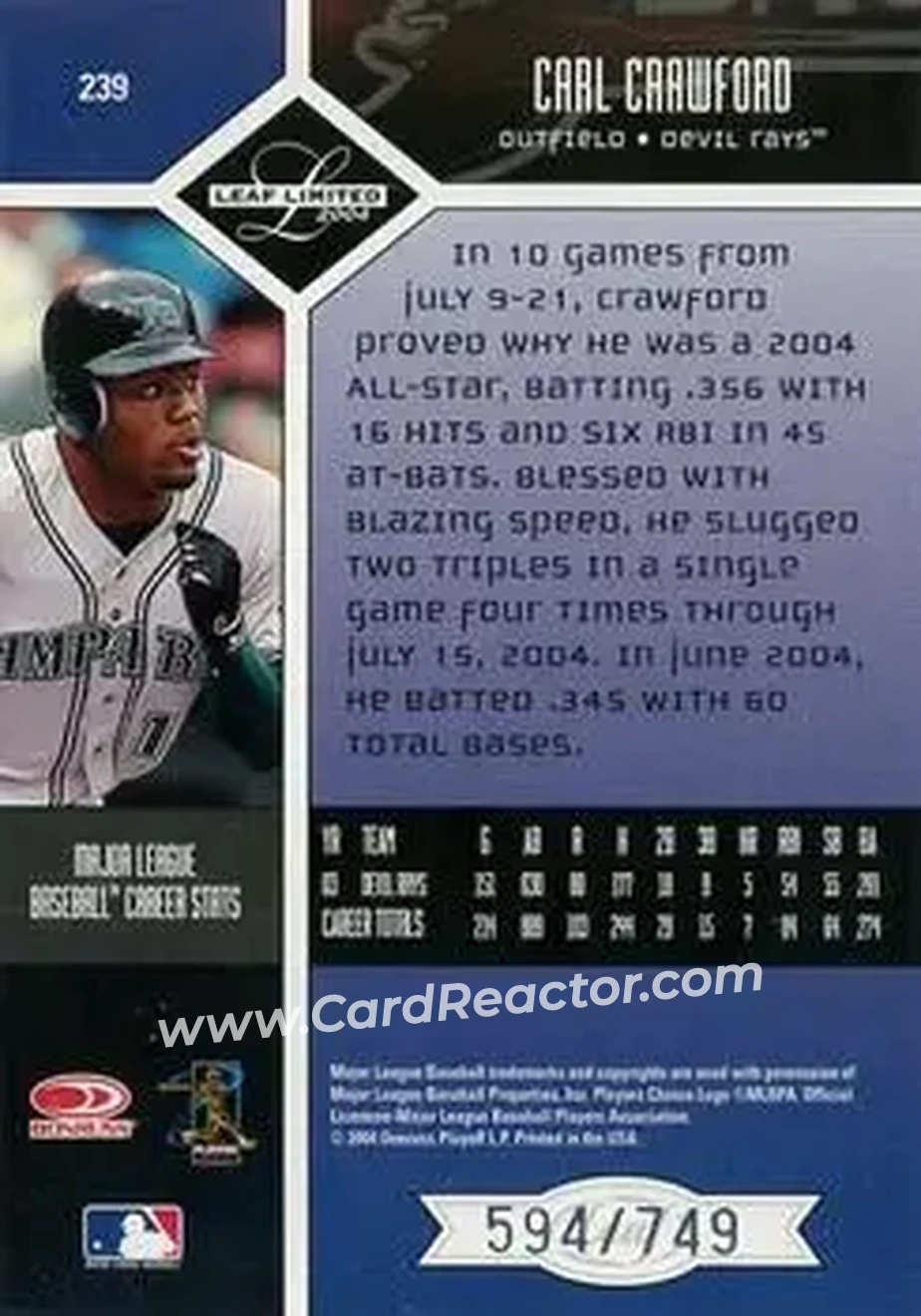 2004 Leaf Limited #239 - Carl Crawford - Tampa Bay Devil Rays - Back