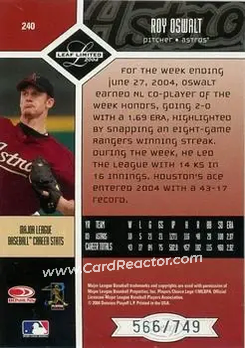 2004 Leaf Limited #240 - Roy Oswalt - Houston Astros - Back