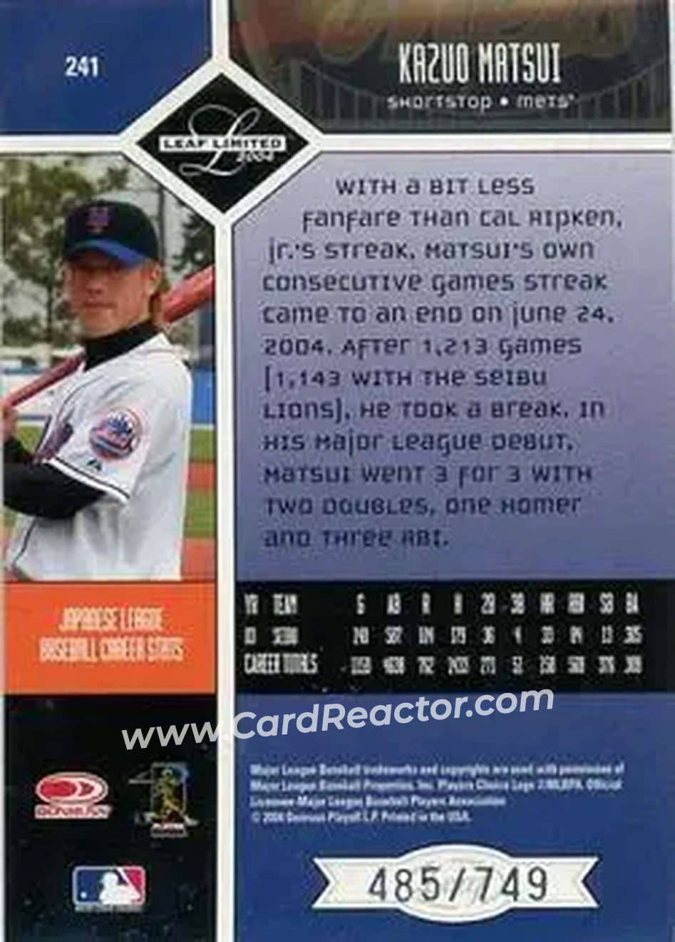 2004 Leaf Limited #241 - Kazuo Matsui - New York Mets - Back