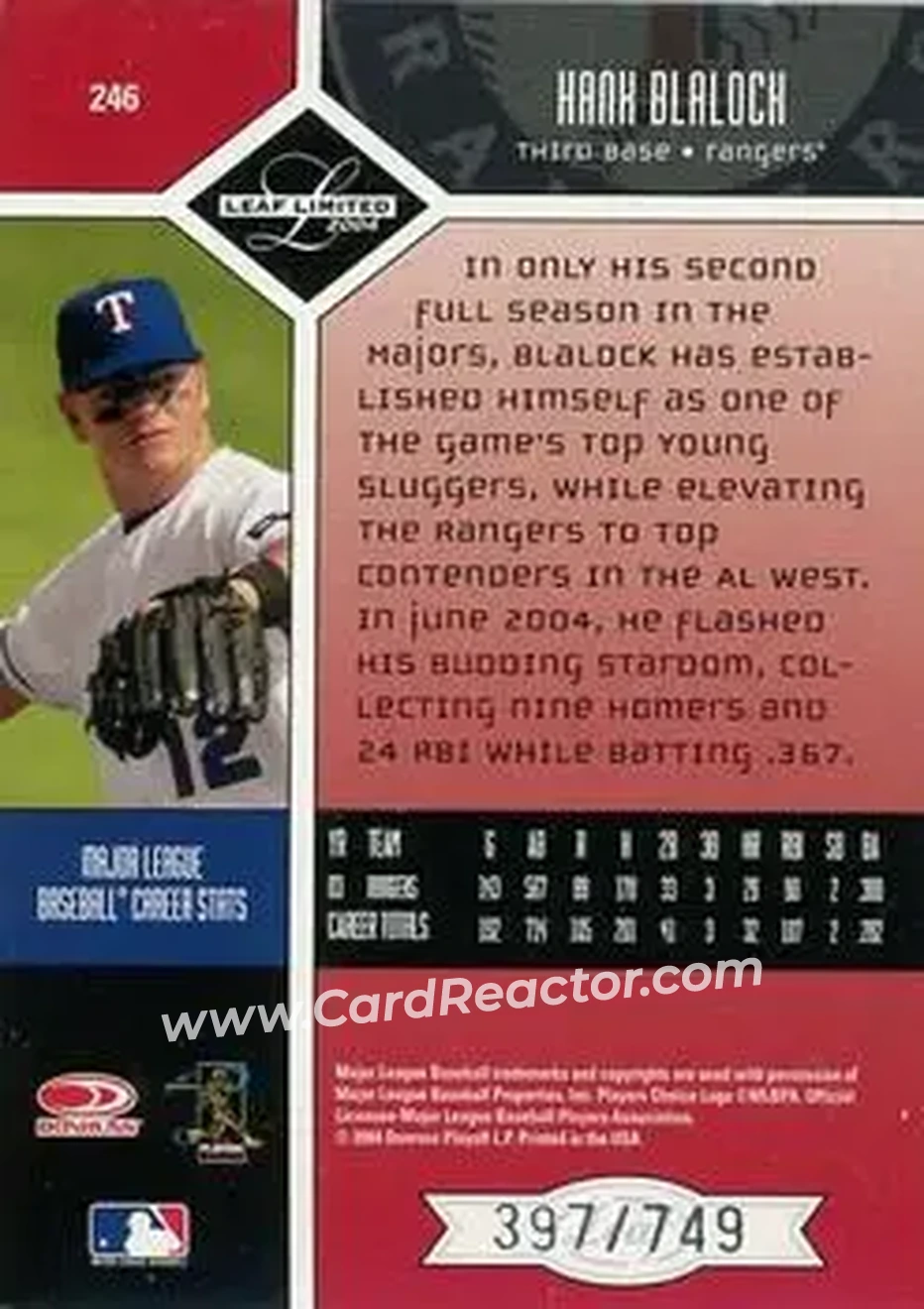 2004 Leaf Limited #246 - Hank Blalock - Texas Rangers - Back