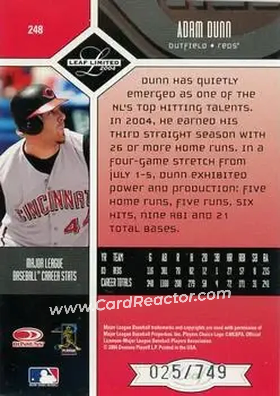 2004 Leaf Limited #248 - Adam Dunn - Cincinnati Reds - Back