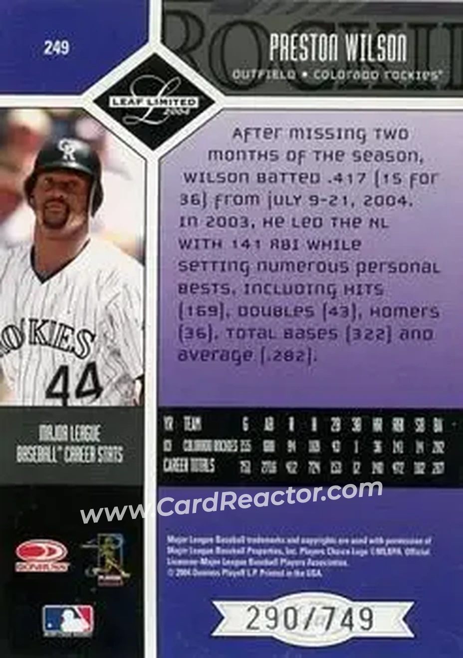 2004 Leaf Limited #249 - Preston Wilson - Colorado Rockies - Back