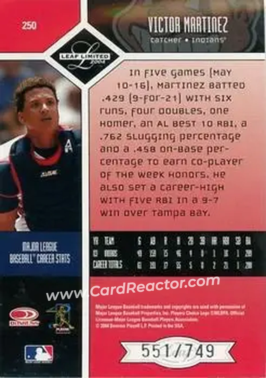 2004 Leaf Limited #250 - Victor Martinez - Cleveland Indians - Back