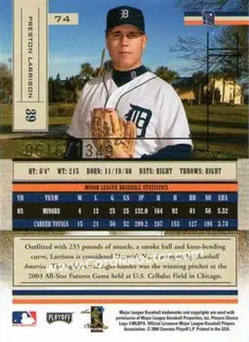 2004 Playoff Absolute Memorabilia #74 - Preston Larrison - Detroit Tigers - Back 2004 Playoff Absolute Memorabilia #74 - Preston Larrison - Detroit Tigers - Back