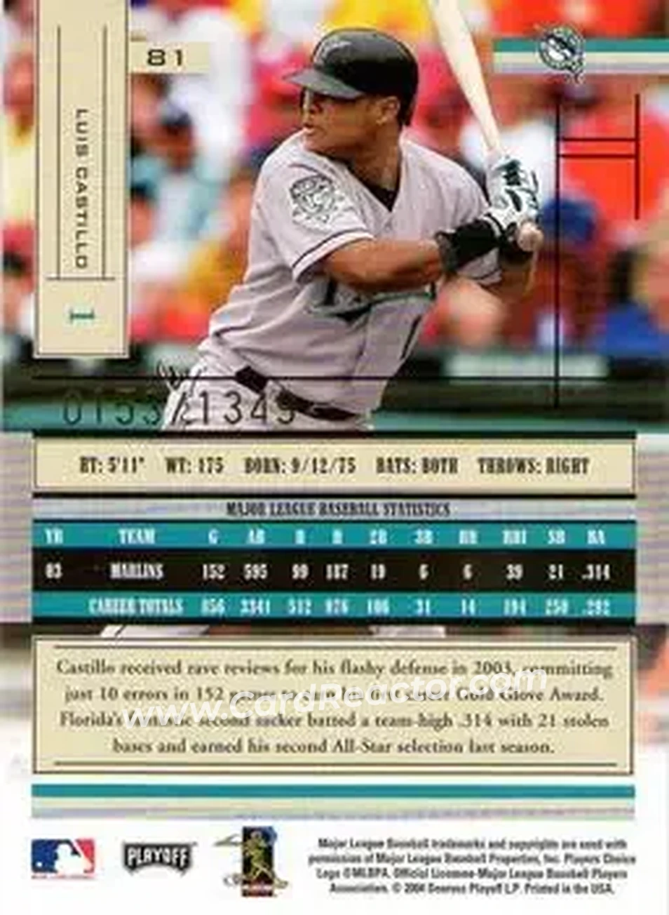 2004 Playoff Absolute Memorabilia #81 - Luis Castillo - Florida Marlins - Back