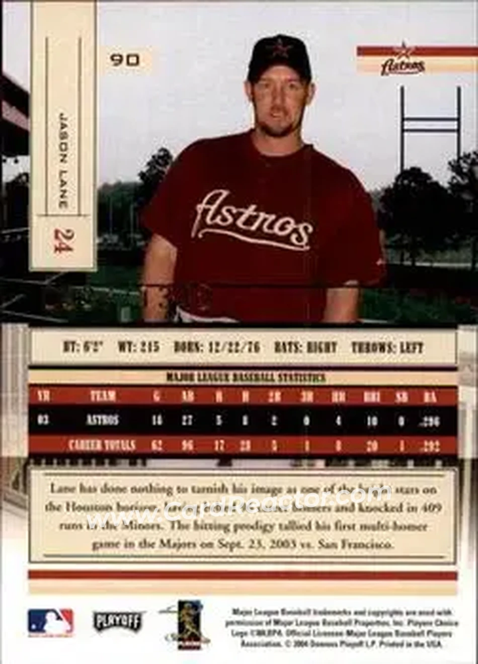 2004 Playoff Absolute Memorabilia #90 - Jason Lane - Houston Astros - Back