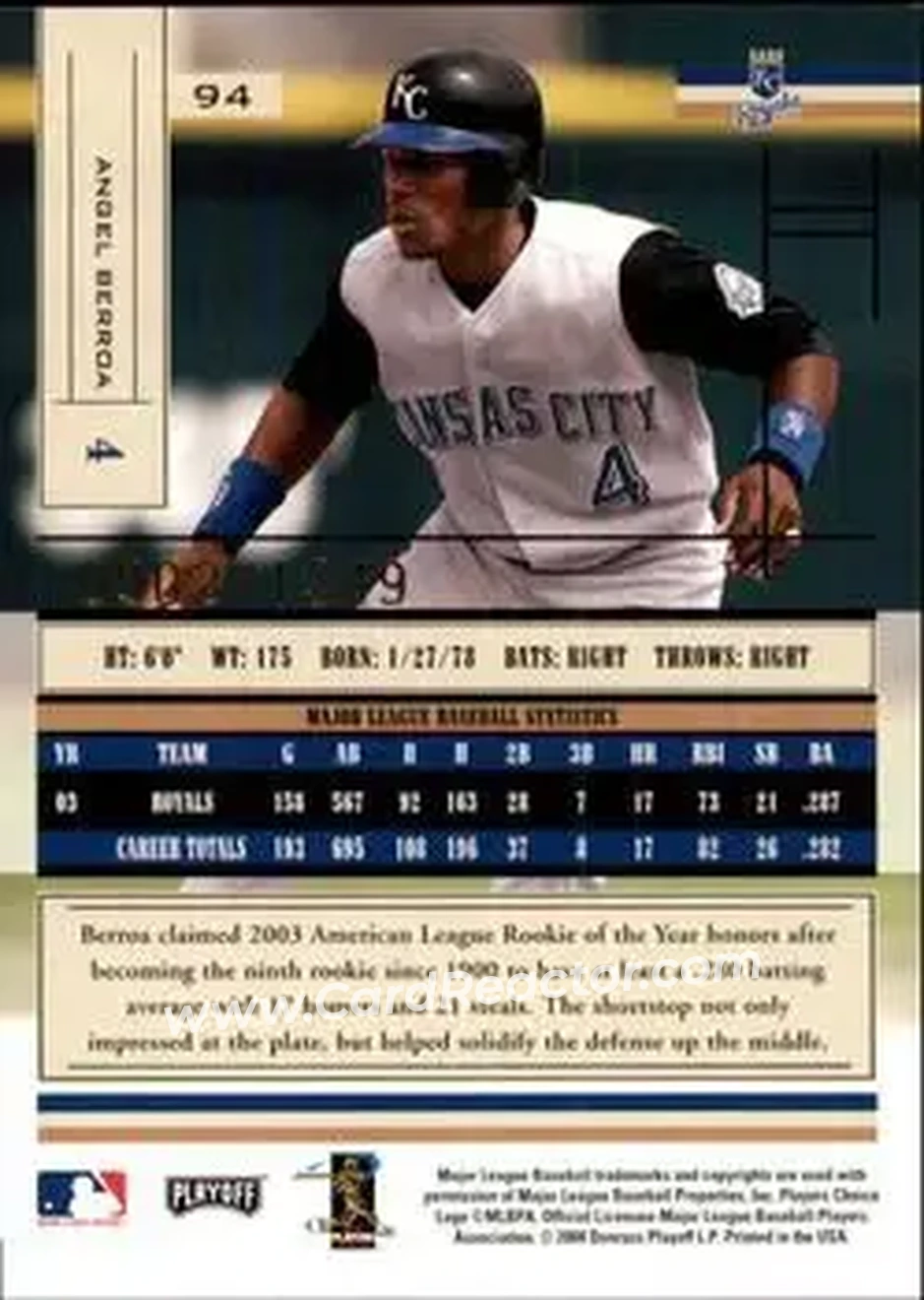 2004 Playoff Absolute Memorabilia #94 - Angel Berroa - Kansas City Royals - Back
