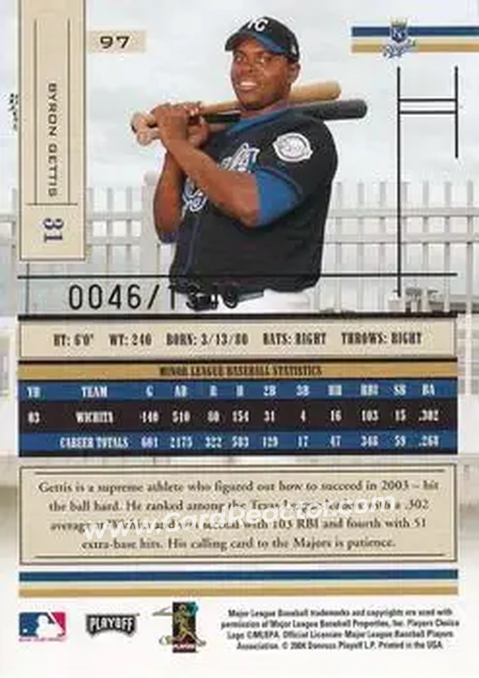 2004 Playoff Absolute Memorabilia #97 - Byron Gettis - Kansas City Royals - Back 2004 Playoff Absolute Memorabilia #97 - Byron Gettis - Kansas City Royals - Back