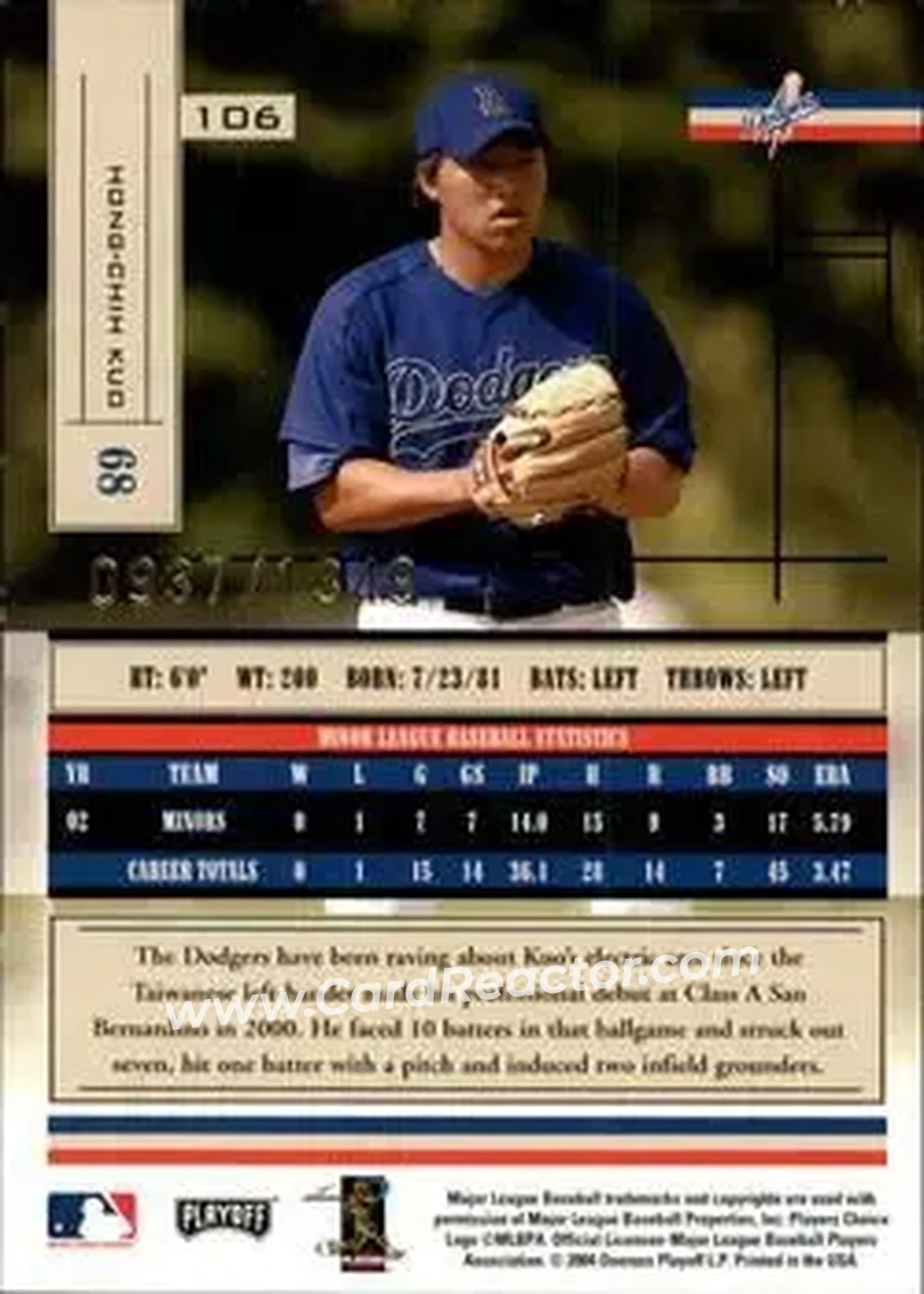 2004 Playoff Absolute Memorabilia #106 - Hong-Chih Kuo - Los Angeles Dodgers - Back