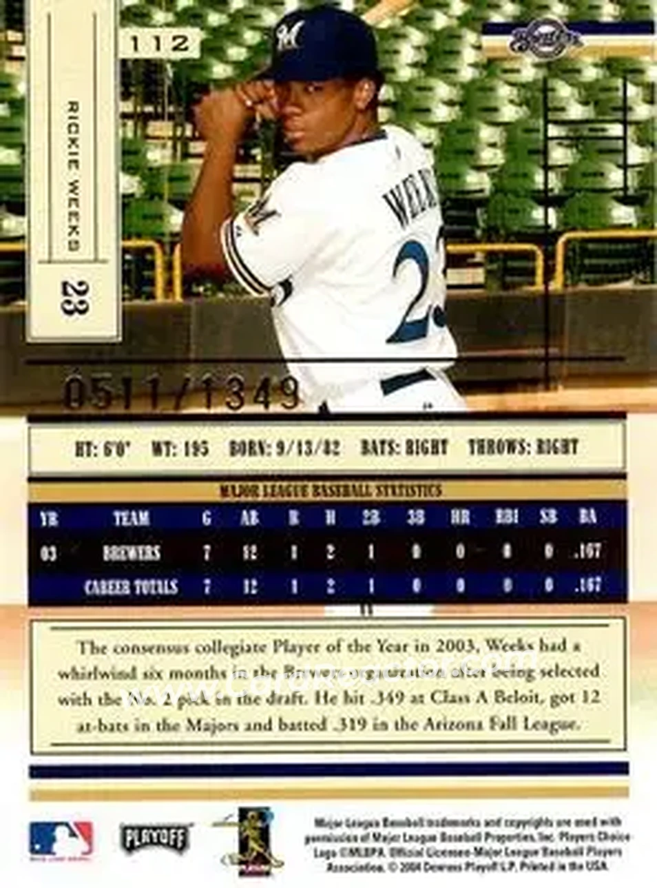2004 Playoff Absolute Memorabilia #112 - Rickie Weeks - Milwaukee Brewers - Back