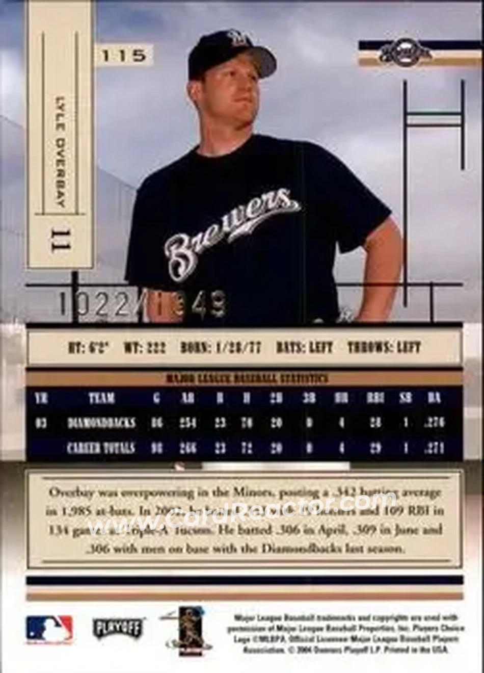 2004 Playoff Absolute Memorabilia #115 - Lyle Overbay - Milwaukee Brewers - Back