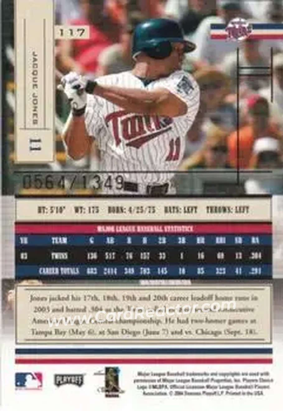 2004 Playoff Absolute Memorabilia #117 - Jacque Jones - Minnesota Twins - Back
