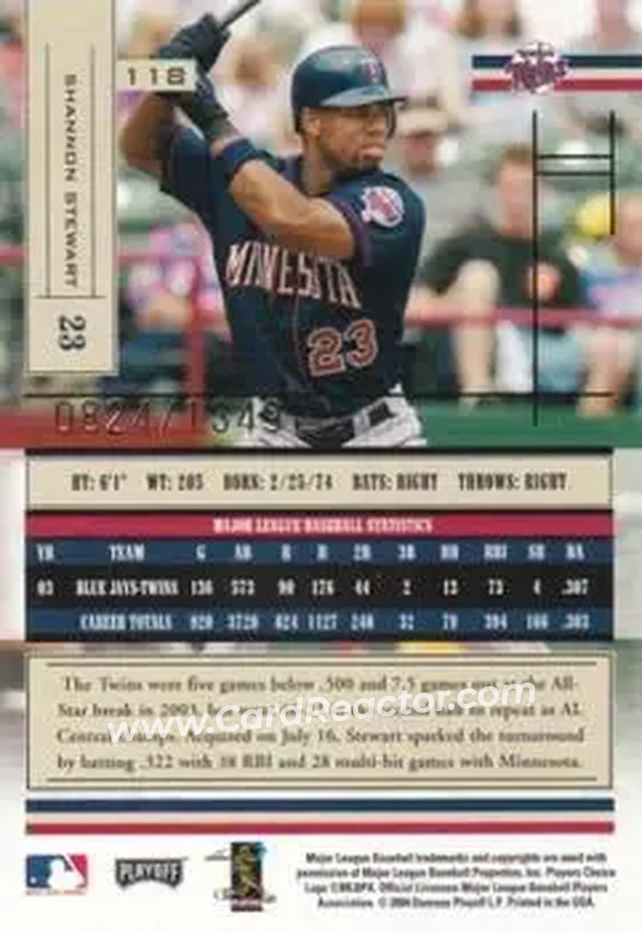 2004 Playoff Absolute Memorabilia #118 - Shannon Stewart - Minnesota Twins - Back